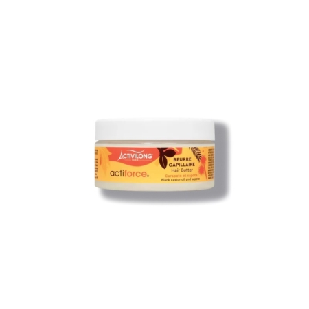 Un petit pot de beurre capillaire Activilong Actiforce se détache sur un fond blanc. L'étiquette orange et jaune présente des informations sur l'huile de ricin noire et la sapote. Dakar