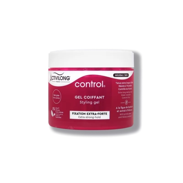 Un pot de gel coiffant Activlong Paris Control, avec une étiquette rose et blanche. Le produit porte l'inscription « Extra Strong-Hold » en anglais et en français. Le contenant est arrondi et muni d'un couvercle blanc. Dakar