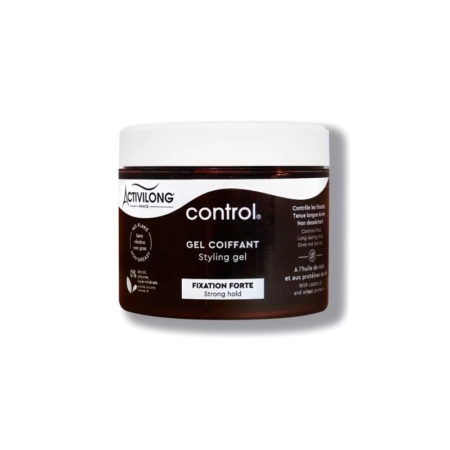 Un pot de gel coiffant Activilong Control avec un couvercle blanc. L'étiquette marron foncé est accompagnée d'un texte blanc, soulignant « Fixation Forte » et mentionnant sa tenue forte, sans silicones, sans huile minérale et sans parabène. Dakar