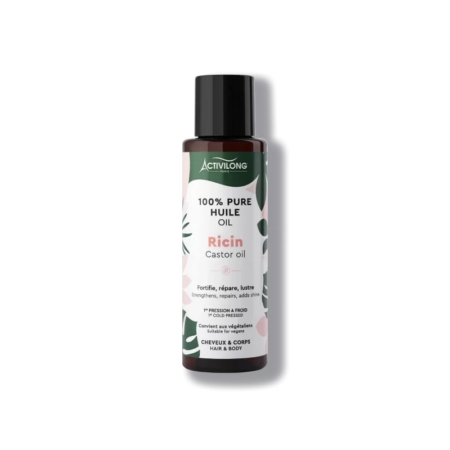 Un flacon d'huile de ricin 100 % pure Activilong avec un bouchon noir. L'étiquette présente des motifs de feuilles roses et vertes et un texte en français indiquant que cette huile fortifie, répare et apporte de la brillance aux cheveux et au corps. Convient à un usage professionnel. Dakar