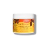Un pot de masque soin fortifiant Activilong Actiforce, orné d'une étiquette orange et jaune vibrante à motifs de feuilles. Ce masque est conçu pour les cheveux secs, abîmés et crépus. Il contient de l'huile de ricin noir et de sapote, avec 97 % d'ingrédients d'origine naturelle. Dakar