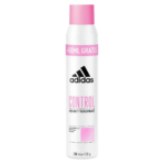 Un aérosol blanc aux touches roses, orné du logo Adidas noir. Il est gravé « Control 48H Anti-Transpirant » et « +50 ml Gratis » sur une bande rose en haut. Capacité indiquée : 200 ml. Dakar