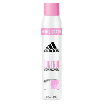 Un aérosol blanc aux touches roses, orné du logo Adidas noir. Il est gravé « Control 48H Anti-Transpirant » et « +50 ml Gratis » sur une bande rose en haut. Capacité indiquée : 200 ml. Dakar