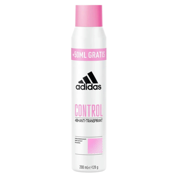 Un aérosol blanc aux touches roses, orné du logo Adidas noir. Il est gravé « Control 48H Anti-Transpirant » et « +50 ml Gratis » sur une bande rose en haut. Capacité indiquée : 200 ml. Dakar