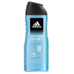 Flacon de gel douche Adidas After Sport de 400 ml, au corps bleu translucide et au bouchon noir. L'étiquette arbore le logo Adidas et les détails du produit, mettant en valeur sa formule 2-en-1 avec agents hydratants. Dakar