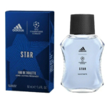 Coffret bleu et flacon transparent de l'Eau de Toilette Adidas Champions League Star, ornée du logo de l'UEFA. Le flacon est doté d'un bouchon noir et d'un design angulaire. Le texte souligne la fraîcheur longue durée. Contenance : 50 ml. Dakar