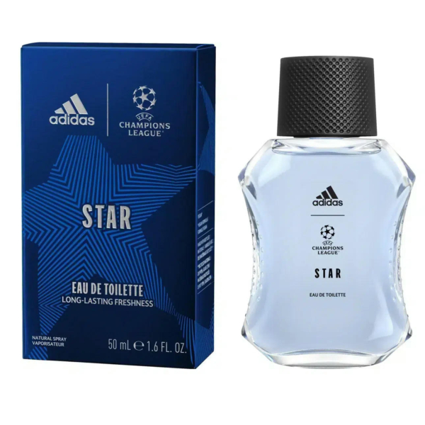 Coffret bleu et flacon transparent de l'Eau de Toilette Adidas Champions League Star, ornée du logo de l'UEFA. Le flacon est doté d'un bouchon noir et d'un design angulaire. Le texte souligne la fraîcheur longue durée. Contenance : 50 ml. Dakar