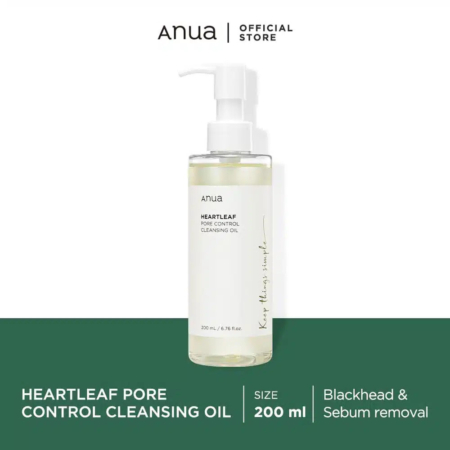 Un flacon d'huile nettoyante Anua Heartleaf Pore Control est présenté sur fond blanc et vert. Le texte souligne le format de 200 ml du produit et ses bienfaits pour éliminer les points noirs et le sébum. Dakar