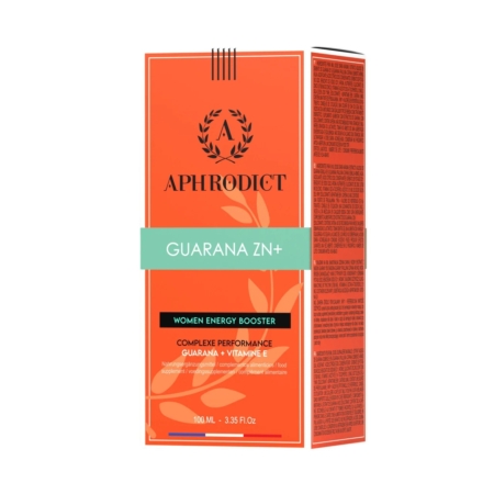Une boîte de produit Aphrodict orange vif étiquetée « Guarana ZN+ », commercialisée comme un booster d'énergie pour femmes avec des performances complexes contenant du guarana et de la vitamine E. La boîte comprend des informations détaillées sur le produit sur le côté. Dakar