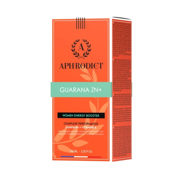 Une boîte de produit Aphrodict orange vif étiquetée « Guarana ZN+ », commercialisée comme un booster d'énergie pour femmes avec des performances complexes contenant du guarana et de la vitamine E. La boîte comprend des informations détaillées sur le produit sur le côté. Dakar