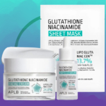 Image du KIT Soin du Visage à la Niacinamide - BOUTONS et TACHES d'Aplb, composé d'une crème visage, d'un sérum en ampoule et d'un masque tissu sur un fond dégradé bleu sarcelle et blanc. Idéal pour votre routine anti-imperfections, il met en avant le glutathion et la niacinamide comme ingrédients clés. Dakar