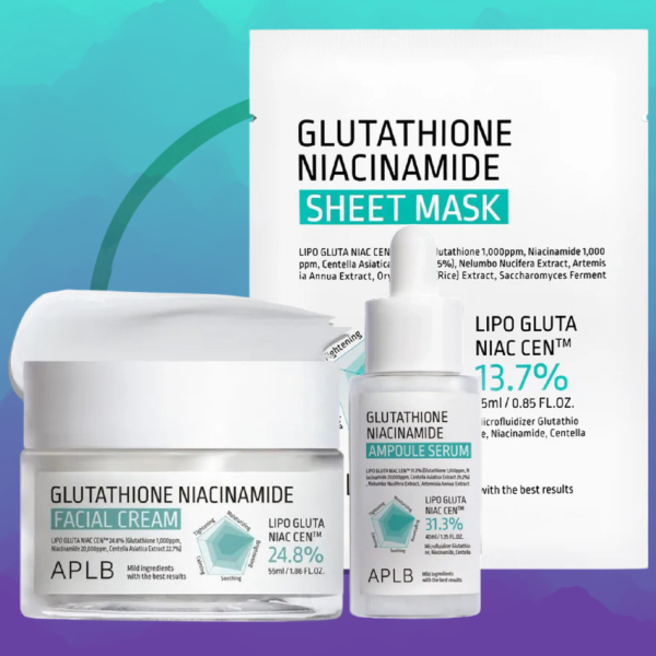 Image du KIT Soin du Visage à la Niacinamide - BOUTONS et TACHES d'Aplb, composé d'une crème visage, d'un sérum en ampoule et d'un masque tissu sur un fond dégradé bleu sarcelle et blanc. Idéal pour votre routine anti-imperfections, il met en avant le glutathion et la niacinamide comme ingrédients clés. Dakar