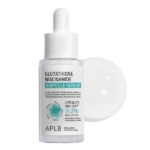Flacon de sérum APLB en ampoules au glutathion et à la niacinamide, muni d'un bouchon compte-gouttes. L'étiquette met en avant ses principaux ingrédients et ses bienfaits, tels que ses effets apaisants. Le flacon est placé sur un fond blanc uni. Dakar