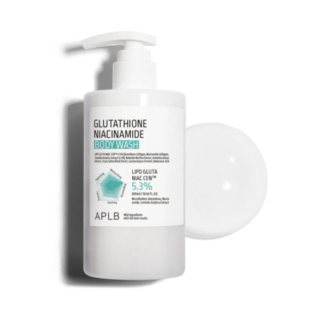 Un flacon blanc de gel douche APLB Glutathione Niacinamide avec pompe. L'étiquette met en valeur des ingrédients comme le glutathion, la niacinamide, le Lipo Gluta et le Cica, concentrés à 5,3 %. Le flacon projette une ombre sur fond blanc. Dakar