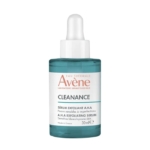 Un flacon de sérum exfoliant AHA Cleanance d'Avène, avec un liquide bleu, un bouchon compte-gouttes blanc et une étiquette rouge et noire. Ce produit est destiné aux peaux sensibles à imperfections et est fabriqué en France. Le flacon contient 30 ml de sérum. Dakar