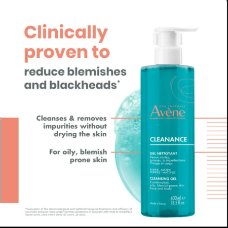 Un flacon de gel nettoyant Avène Cleanance pour peaux à imperfections, format 400 ml, avec un texte soulignant ses bienfaits : réduction des imperfections et des points noirs, nettoyage et élimination des impuretés sans dessécher la peau. Le flacon est bleu sarcelle et muni d'une pompe doseuse. Dakar