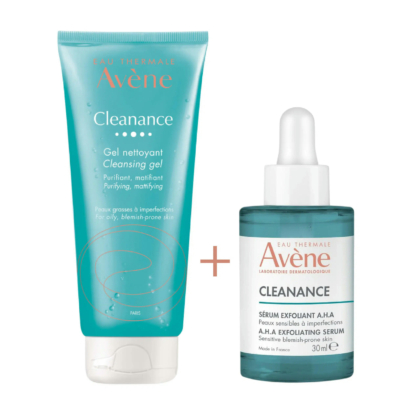 Deux soins Avène : un tube de Gel Nettoyant Cleanance et un flacon compte-gouttes de Sérum Exfoliant Cleanance. Le gel purifie et matifie, tandis que le sérum atténue les imperfections cutanées. Dakar