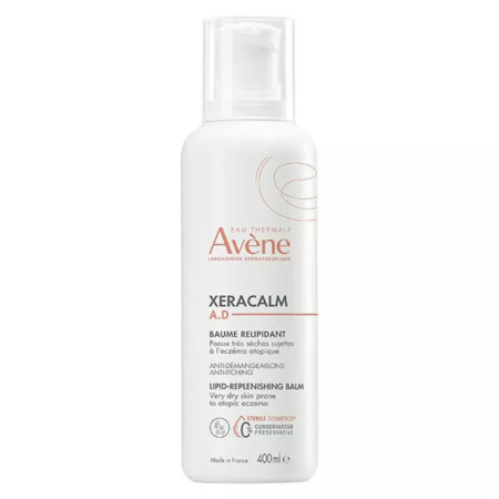 Flacon blanc de Baume Relipidant Eau Thermale Avène Xeracalm A.D., orné d'un texte orange et gris avec un motif tourbillonnant. Contenance : 400 ml. Fabriqué en France. Dakar