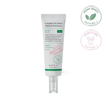 Tube blanc de crème solaire physique AXIS-Y Complete No-Stress avec bouchon vert, SPF 50+, PA++++. Logos végan et cruelty-free visibles. Contient de l'armoise, de la niacinamide et du squalane. Contenance : 50 ml. Dakar