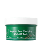 Pot vert de solution nettoyante AXIS-Y à l'armoise purifiante pour les pores, avec couvercle blanc. L'étiquette comporte du texte et des symboles éco-responsables. Dakar