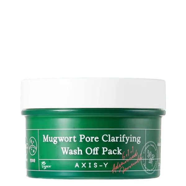 Pot vert de solution nettoyante AXIS-Y à l'armoise purifiante pour les pores, avec couvercle blanc. L'étiquette comporte du texte et des symboles éco-responsables. Dakar