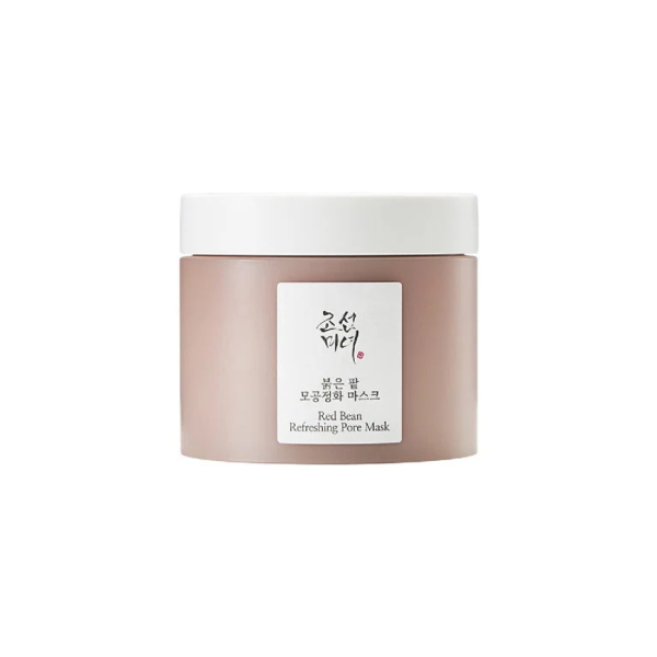 Un pot de « Masque rafraîchissant pour les pores aux haricots rouges » sur fond blanc. Le contenant est beige avec un couvercle blanc et l'étiquette comporte des inscriptions en coréen et en anglais. Dakar