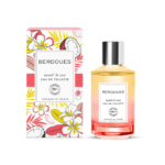 Un flacon d'Eau de Toilette Monoï & Coco de Berdoues, présenté dans un coffret coloré au thème floral. Ce coffret présente des illustrations de fleurs et de feuilles. Le flacon est transparent, avec une simple étiquette blanche et un bouchon noir. Dakar