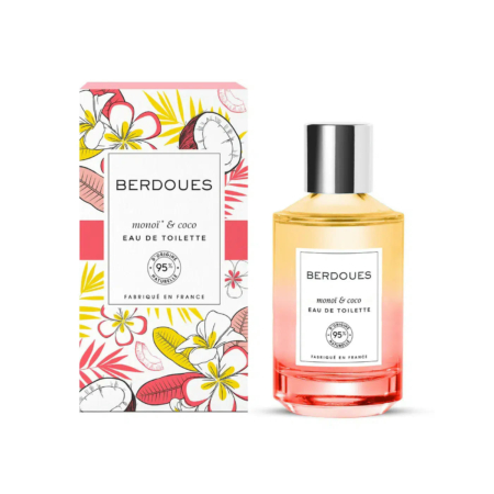 Un flacon d'Eau de Toilette Monoï & Coco de Berdoues, présenté dans un coffret coloré au thème floral. Ce coffret présente des illustrations de fleurs et de feuilles. Le flacon est transparent, avec une simple étiquette blanche et un bouchon noir. Dakar