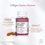 Un flacon de gommes Biocyte Collagen Express, entourées de gommes de différentes couleurs. Le texte souligne les bienfaits : lisse les rides, densifie la peau, contient de la vitamine C, agit contre le vieillissement et sublime la peau. L'étiquette est en français, mentionnant « sans sucre » et les arômes fruités. Dakar