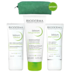 Trois produits de soin Bioderma sont exposés : Sébium Global, Sébium Gel Gommant et Sébium Mat Control. Une pochette verte estampillée « Offert ». Les flacons sont blancs avec des touches de vert. Dakar