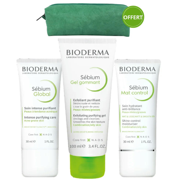 Trois produits de soin Bioderma sont exposés : Sébium Global, Sébium Gel Gommant et Sébium Mat Control. Une pochette verte estampillée « Offert ». Les flacons sont blancs avec des touches de vert. Dakar