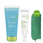 L'image montre trois produits de soin Bioderma : un nettoyant Sebium Gel Moussant de 200 ml, un gel Sebium Kerato+ de 30 ml et une pochette zippée verte étiquetée « OFFERT », indiquant un cadeau ou une offre. Dakar