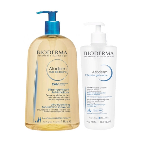 Un grand flacon d'huile de douche Bioderma Atoderm, avec une pompe bleue, côtoie un flacon de gel-crème Bioderma Atoderm Intensive, avec une pompe blanche. Tous deux présentent un texte détaillant leurs bienfaits et sont conçus pour les peaux sensibles. Dakar