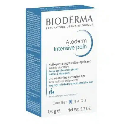 Boîte de Bioderma Atoderm Intensive Pain, un pain nettoyant ultra-apaisant pour les peaux sensibles très sèches, irritées et atopiques. Il restaure les lipides et protège. La boîte contient 150 g. Dakar