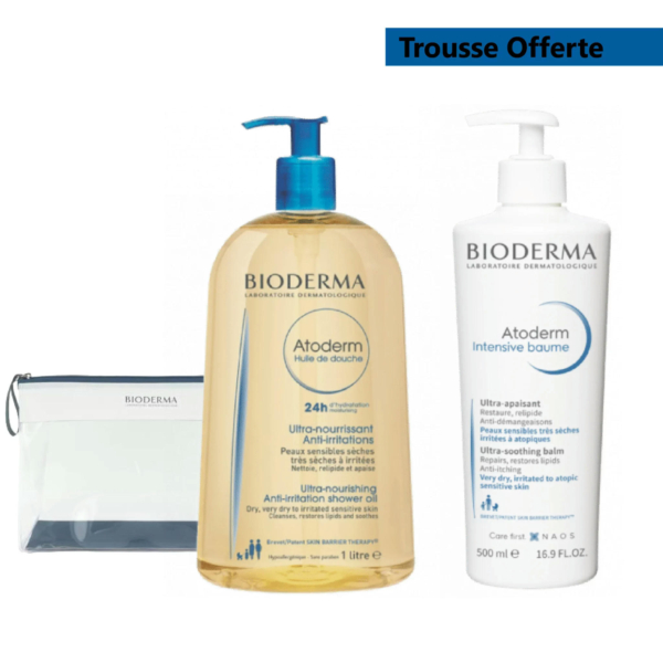 Emballage pour Atoderm de Bioderma, composé d'un flacon d'huile de douche d'un litre avec pompe, d'un flacon de baume intensif de 500 ml et d'une pochette à l'effigie de la marque. L'étiquette met en avant les propriétés hydratantes et anti-irritations. Texte en français et en anglais. Dakar