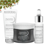 Trois soins Bioderma sont présentés sur un fond festif agrémenté de verdure décorative. Parmi eux, la crème moussante Pigmentbio, le soin régénérant nuit et le C-Concentrate, tous deux aux propriétés éclaircissantes et clarifiantes. Dakar