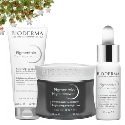 Trois soins Bioderma sont présentés sur un fond festif agrémenté de verdure décorative. Parmi eux, la crème moussante Pigmentbio, le soin régénérant nuit et le C-Concentrate, tous deux aux propriétés éclaircissantes et clarifiantes. Dakar