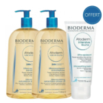 Deux grandes doses d'huile de douche Bioderma Atoderm et un tube de baume intensif Atoderm. Ces produits sont destinés aux peaux sèches et sensibles, offrant une nutrition 24h/24 et des bienfaits anti-irritations. Un autocollant bleu « Offert » est présent. Dakar