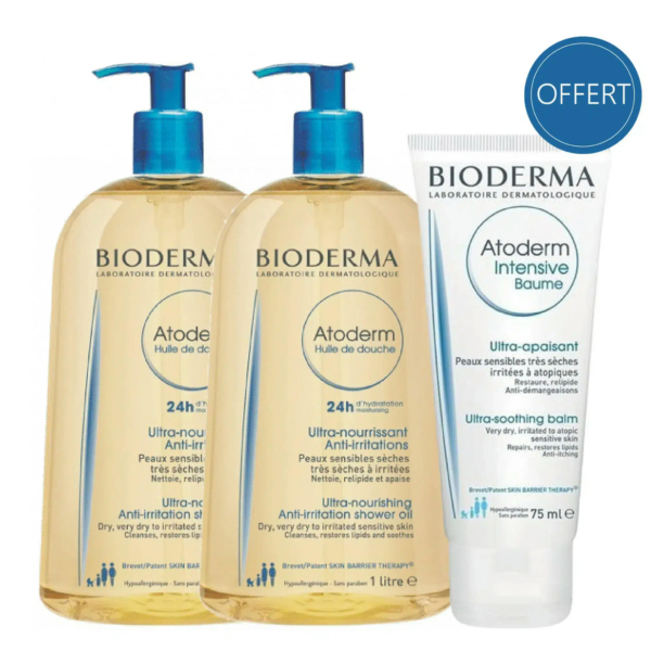 Deux grandes doses d'huile de douche Bioderma Atoderm et un tube de baume intensif Atoderm. Ces produits sont destinés aux peaux sèches et sensibles, offrant une nutrition 24h/24 et des bienfaits anti-irritations. Un autocollant bleu « Offert » est présent. Dakar