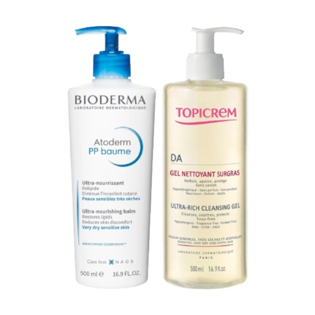 Deux soins : un flacon blanc de Bioderma Atoderm PP Baume, étiqueté comme un baume ultra-nourrissant pour les peaux sensibles très sèches, et un flacon transparent de Topicrem DA Gel Nettoyant Surgras avec pompe, conçu pour les peaux sensibles. Dakar