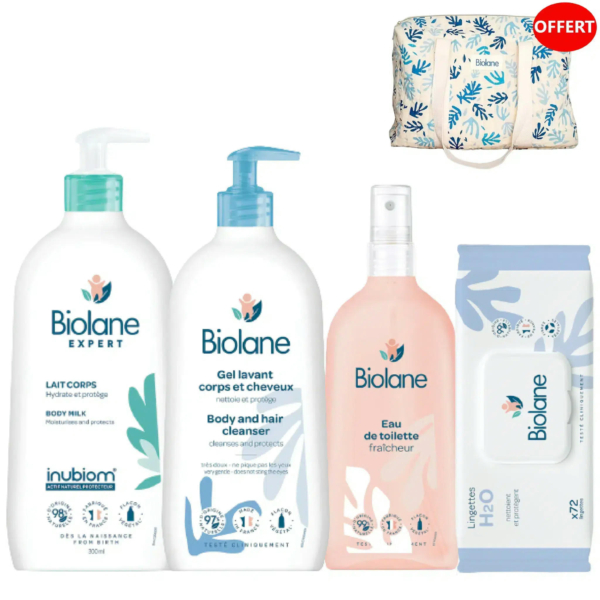 Coffret cadeau Biolane comprenant un lait corporel, un nettoyant corps et cheveux, une eau de toilette et des lingettes nettoyantes. Un sac fourre-tout à motif floral est présenté au-dessus des produits. L'étiquette « OFFERT » indique que le sac est offert. Dakar