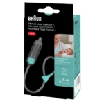 L'emballage de l'aspirateur nasal manuel Braun pour bébé de 0 à 12 ans (1 pièce) représente une mère tenant son bébé dans ses bras. Doté de deux embouts nasaux, il est conçu pour soulager rapidement et en douceur la congestion nasale des bébés de 0 à 12 mois. Dakar