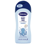Un flacon bleu de bain pour bébé Bübchen avec un bouchon bleu foncé. L'étiquette représente une adorable pieuvre avec des vagues et des bulles. Le texte sur le flacon indique qu'il est adapté à la peau sensible des bébés et comprend des phrases en allemand. Dakar
