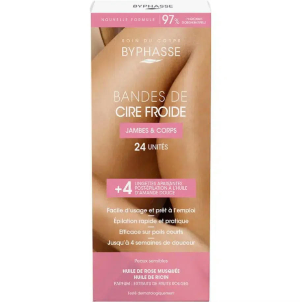 Emballage des bandes de cire froide Byphasse pour les jambes et le corps. Facile d'utilisation, elle dure jusqu'à quatre semaines et comprend des lingettes apaisantes à l'huile d'amande. Contient 24 bandes et convient aux peaux sensibles. Dakar