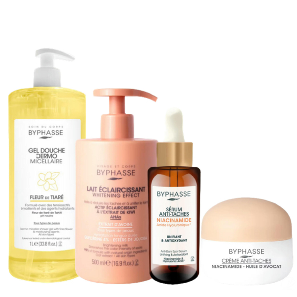 Quatre produits de soin Byphasse sont présentés : un gel douche micellaire à la fleur de tiaré, un lait corps éclaircissant à l'extrait de kiwi, un sérum anti-imperfections à la niacinamide et une crème anti-taches à l'huile d'avocat. Dakar