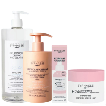Une collection de soins Byphasse. Comprend le Gel Douche Micellaire Dermoprotecteur, le Lait Corps Effet Éclaircissant, le Sérum Sorbet Hydratant et la Crème Jour et Nuit Énergie H24. Chaque produit est étiqueté en plusieurs couleurs. Dakar