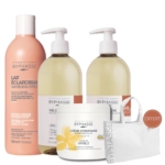 Un ensemble de produits de soin Byphasse comprenant une lotion blanchissante, deux flacons de gel avec pompe, un pot de crème hydratante et une trousse de toilette blanche avec l'étiquette « Offert ». Le tout est disposé sur un fond uni. Dakar