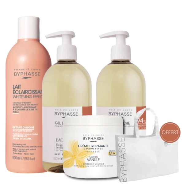 Un ensemble de produits de soin Byphasse comprenant une lotion blanchissante, deux flacons de gel avec pompe, un pot de crème hydratante et une trousse de toilette blanche avec l'étiquette « Offert ». Le tout est disposé sur un fond uni. Dakar