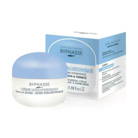 Un pot et une boîte de crème hydratante Byphasse Hyaluronic aux esters de jojoba. Le pot a un couvercle bleu et un corps blanc, tandis que la boîte affiche les informations sur le produit et les ingrédients en blanc et bleu. Dakar
