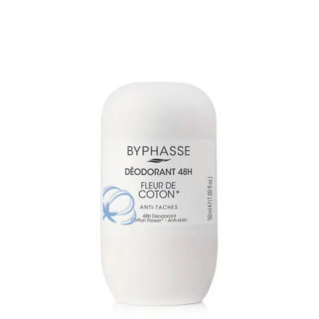 Flacon de déodorant blanc avec bouchon arrondi, étiqueté « BYPHASSE DÉODORANT 48H FLEUR DE COTON ». Texte bleu et petit motif floral bleu. Contenance : 50 ml, protège des taches. Dakar